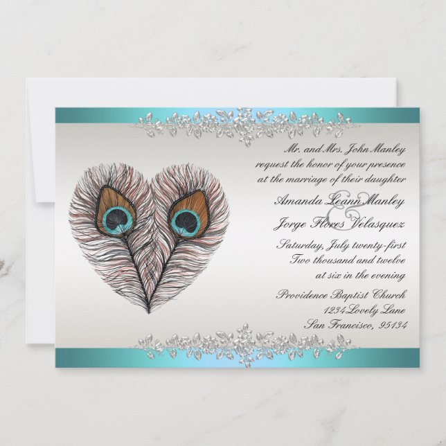 Teal Peacock Wedding Invitation (Front)