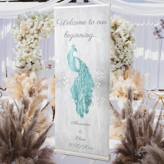 Teal Peacock Wedding Retractable Banner (Teal Peacock Wedding Welcome Banner)