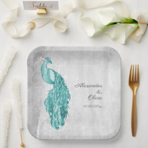 Teal Peacock Wedding Shower Paper Plates