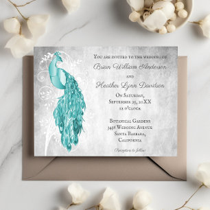 Teal Peacock White Botanical Wedding Invitation