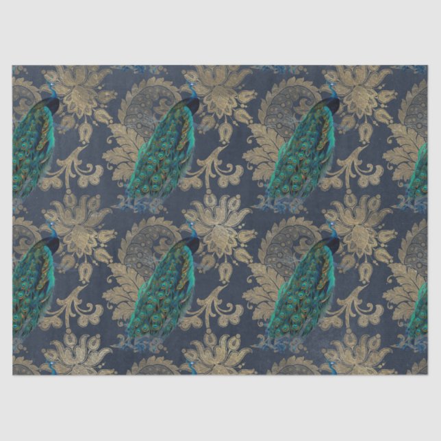 Teal Peacocks on Blue and Gold Decoupage Tissue Paper (Front)