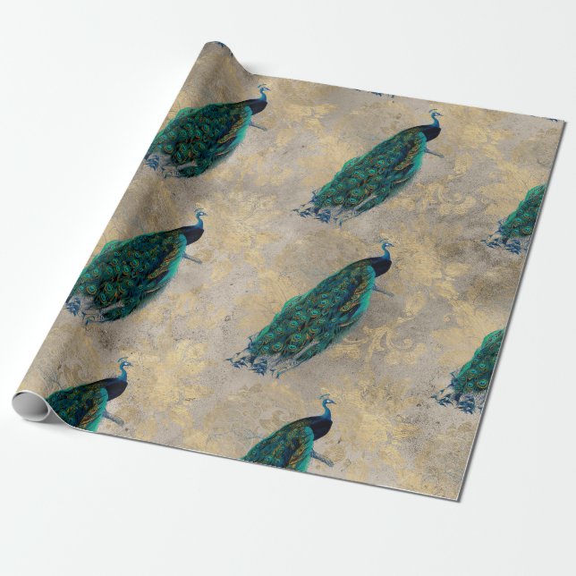 Teal Peacocks on Gold Wrapping Paper (Unrolled)