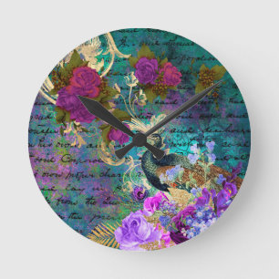 Teal Peacocks Peacock French Acrylic Wall Clock
