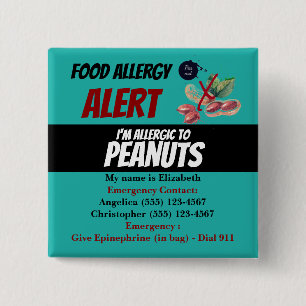 Teal Peanut Food Allergy Alert Warning 15 Cm Square Badge
