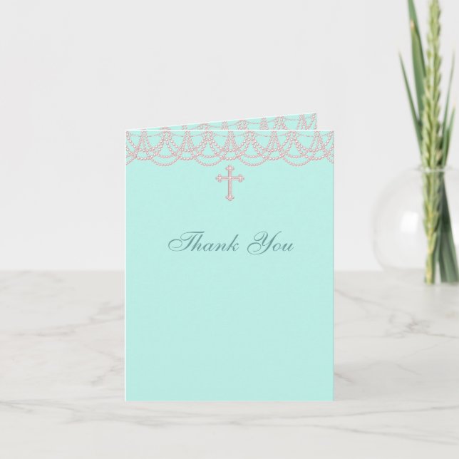 Teal Pearl Christening Thank You Cards (Front)