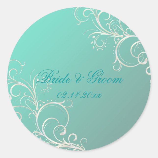 Teal pearl swirls wedding stickers (Front)