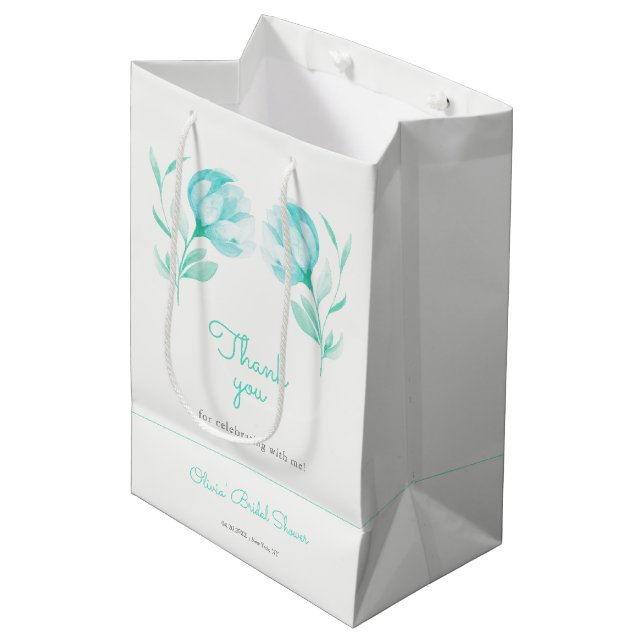Teal Peonies Bridal Shower Medium Gift Bag (Front Angled)