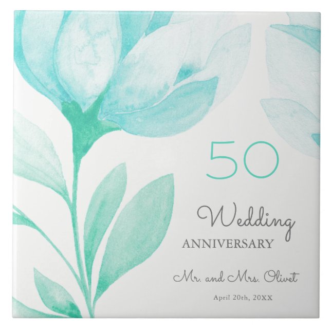 Teal Peonies Wedding Anniversary 50 Years Tile (Front)