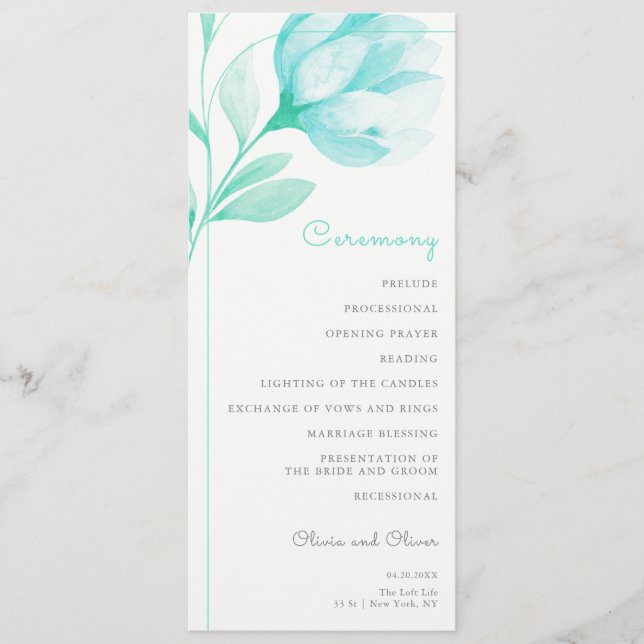 Teal Peonies Wedding Programme (Front)