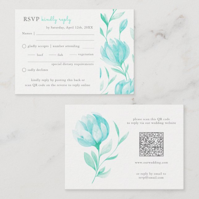 Teal Peonies Wedding RSVP QR Code Enclosure Card (Front/Back)
