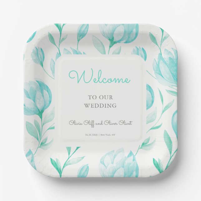 Teal Peonies Wedding Welcome Paper Plate (Front)