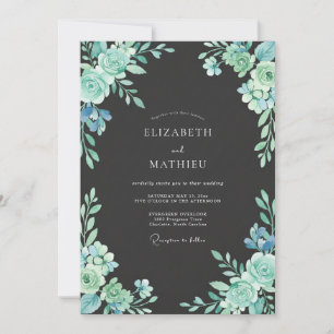 Teal Peony Charcoal Wedding Invitation