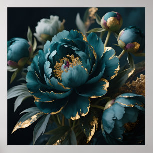 Teal Peony Gold Luxe Botanical Bloom Poster