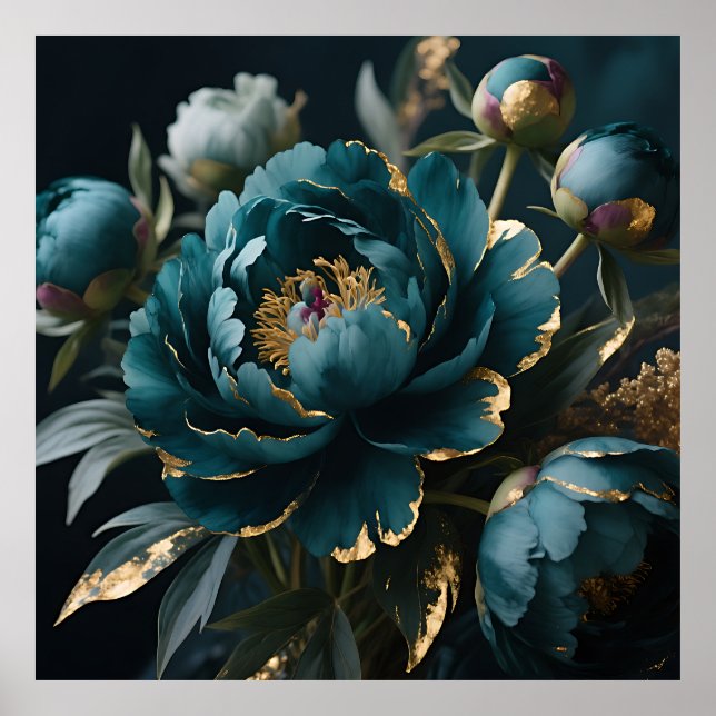 Teal Peony Gold Luxe Botanical Bloom Poster (Front)