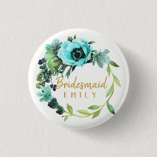 Teal Peony Wreath Bridesmaid Name ID456 3 Cm Round Badge
