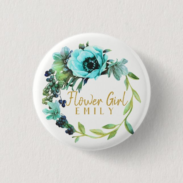 Teal Peony Wreath Flower Girl Name ID456 3 Cm Round Badge (Front)