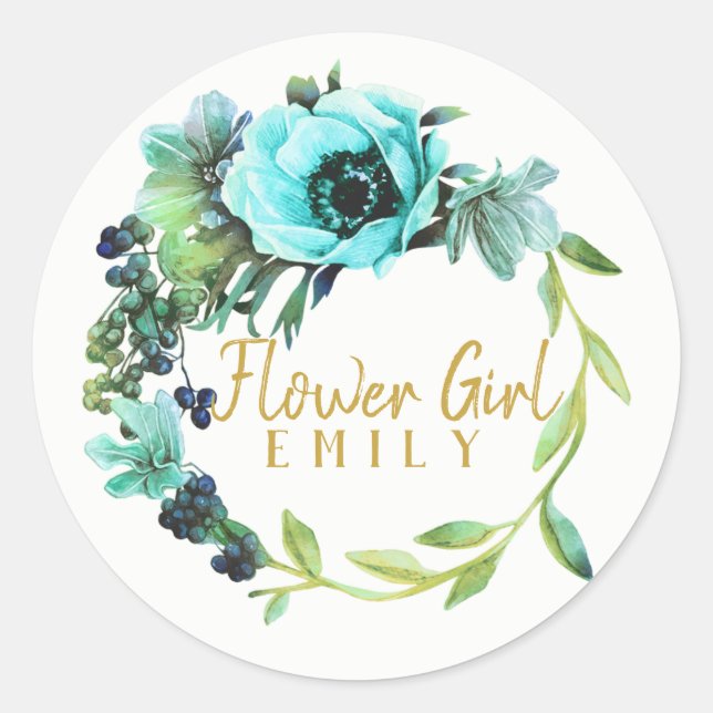 Teal Peony Wreath Flower Girl Name ID456 Classic Round Sticker (Front)