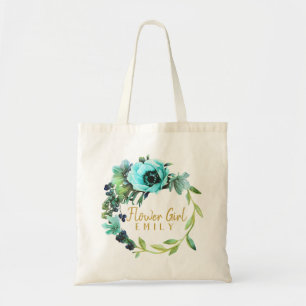 Teal Peony Wreath Flower Girl Name ID456 Tote Bag