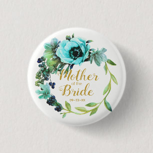 Teal Peony Wreath Mother of the Bride ID456 3 Cm Round Badge