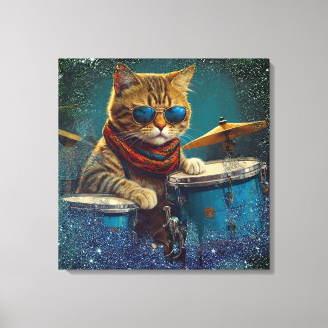 *~* TEAL Percussionist Cool Cat AP91 DRUMMER Canvas Print (Front)
