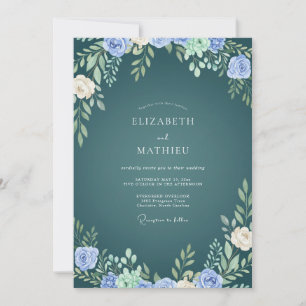 Teal Periwinkle Leafy Wedding Invitation
