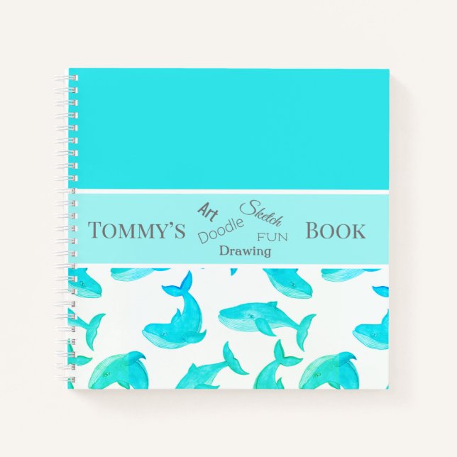 Teal Personalised Name Whales Notebook (Front)