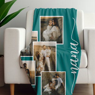 Teal Personalised Nana Grandkid 5 Photo Collage  Fleece Blanket