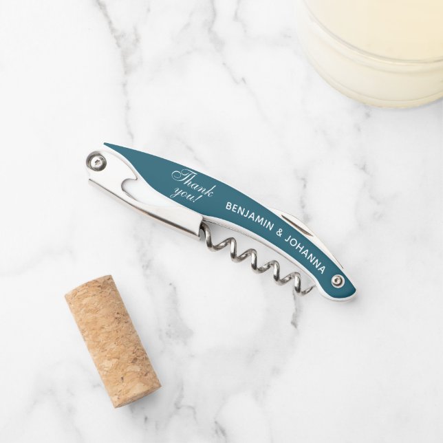 Teal Personalised Wedding Thank You Favours Corkscrew (Front)