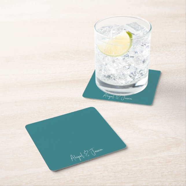 Teal Personalized Names Wedding  Square Paper Coaster (Insitu)