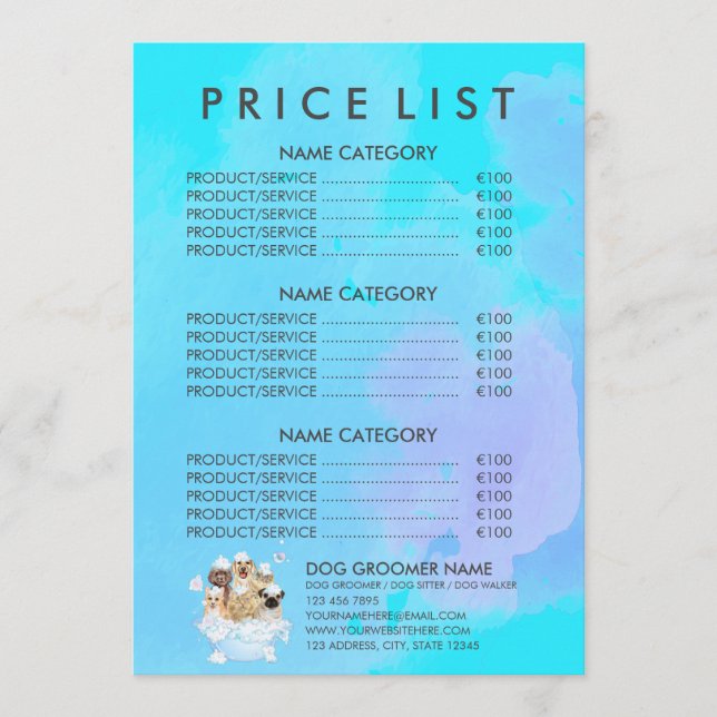 Teal Pet Groomer Sitting Dog Cat Spa Price List Menu (Front)