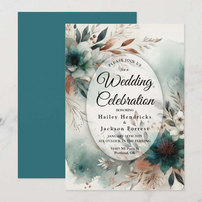 Teal Petals in Bronze Bloom Wedding Invitation (Front/Back)