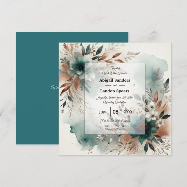 Teal Petals in Bronze Bloom Wedding Invitation (Front/Back)