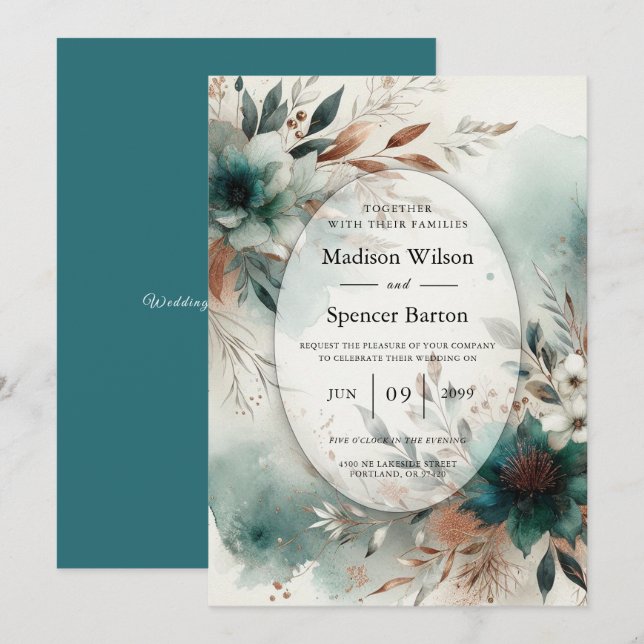 Teal Petals in Bronze Bloom Wedding Invitation (Front/Back)