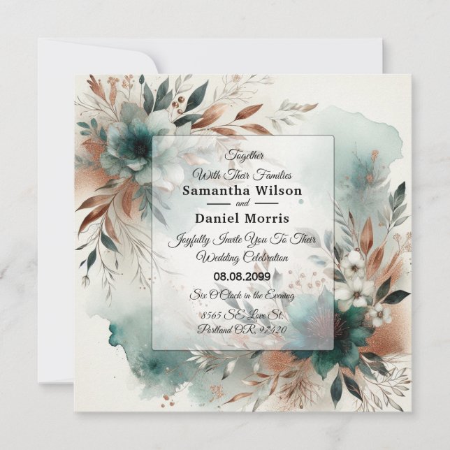 Teal Petals in Bronze Bloom Wedding Invitation (Front)