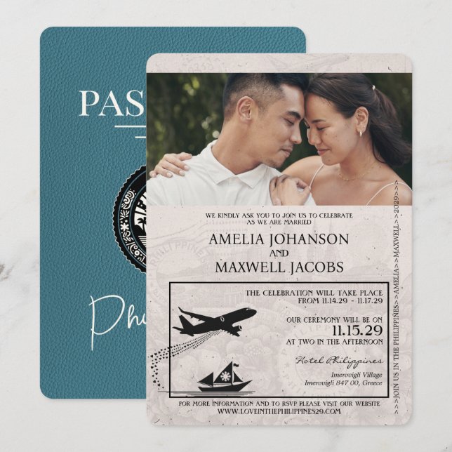 Teal Philippines Passport Wedding Invitation (Front/Back)