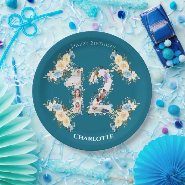Teal Photo 12th Birthday Collage Yellow Flower Paper Plate (Party)