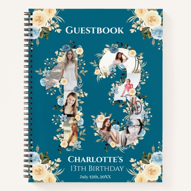 Teal Photo 13th Birthday Yellow Flower Guest Book (Front)