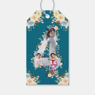 Teal Photo 4th Birthday Collage Blue Yellow Flower Gift Tags