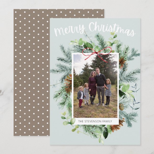 Teal Photo Christmas Greenery Greeting Card (Front/Back)