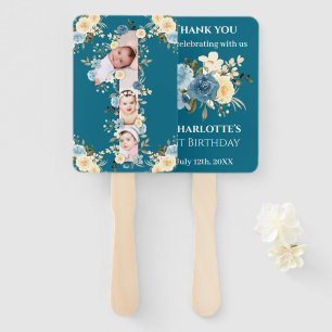 Teal Photo Collage 1st Birthday Blue Yellow Flower Hand Fan