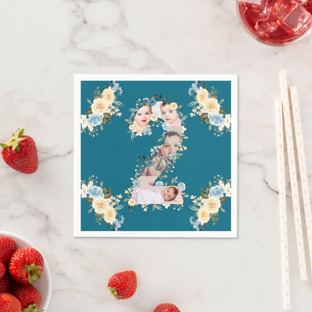 Teal Photo Collage Blue Yellow Flower 2nd Birthday Napkin (Insitu)