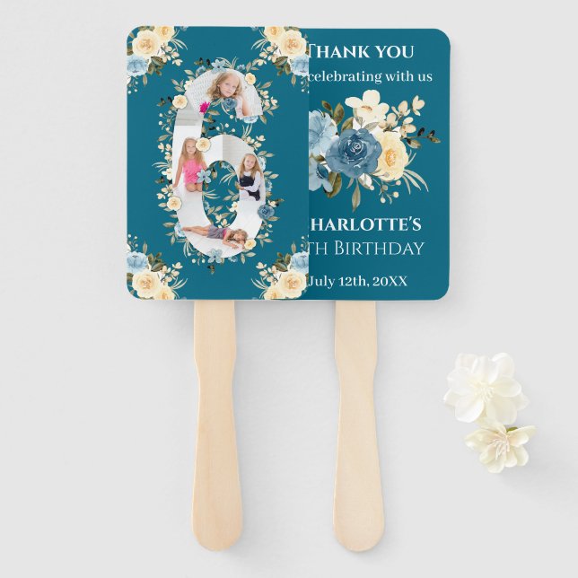 Teal Photo Collage Blue Yellow Flower 6th Birthday Hand Fan (Front and Back)