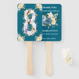 Teal Photo Collage Blue Yellow Flower 8th Birthday Hand Fan