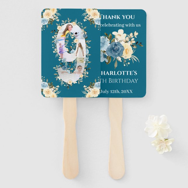 Teal Photo Collage Blue Yellow Flower 9th Birthday Hand Fan (Front and Back)