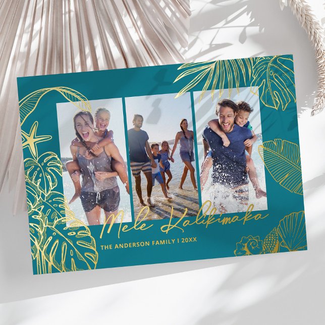 Teal Photo Collage Hawaiian Christmas Foil Holiday Card (Creator Uploaded)