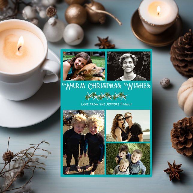 Teal Photo Collage Starfish Christmas Flat Cards (Creator Uploaded)