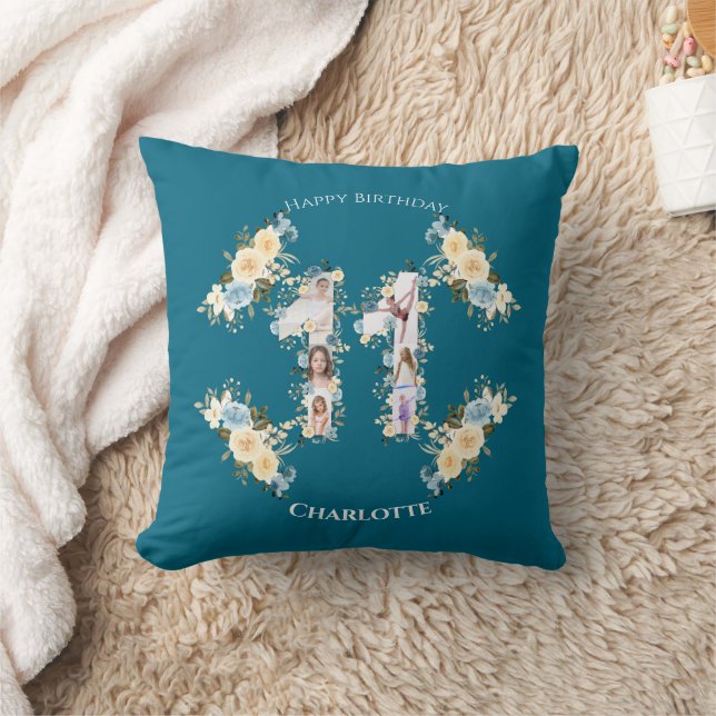 Teal Photo Collage Yellow Flower 11th Birthday Cushion (Blanket)