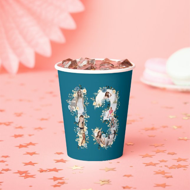 Teal Photo Collage Yellow Flower 13th Birthday Paper Cups (Insitu)