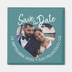 Teal Photo Modern Script Save the Date Magnet