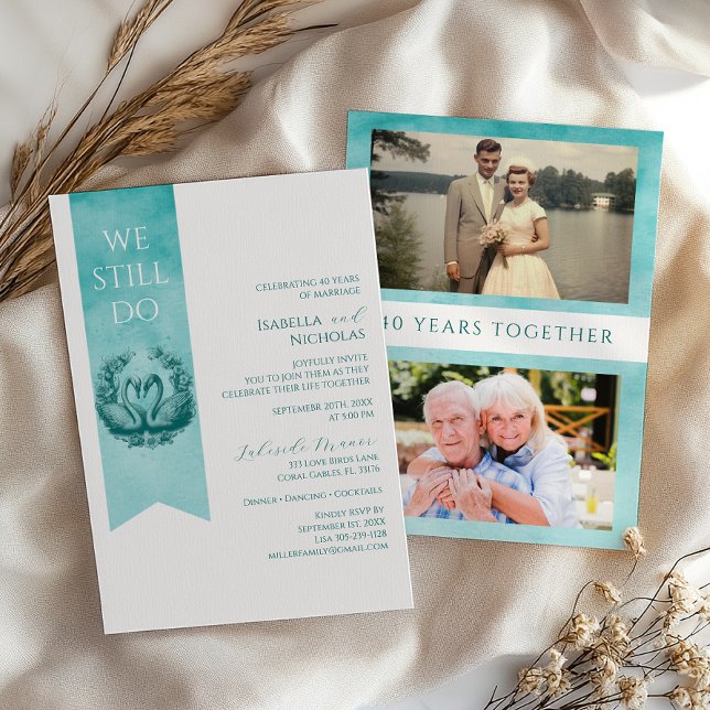 Teal Photo Wedding Anniversary Invitation (Teal Romantic Invite)